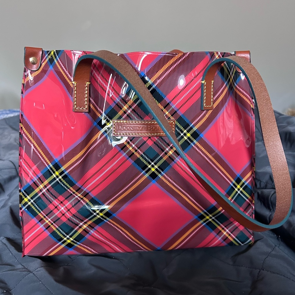 Dooney & Bourke Pink Plaid Patent Tote with Brown Straps
